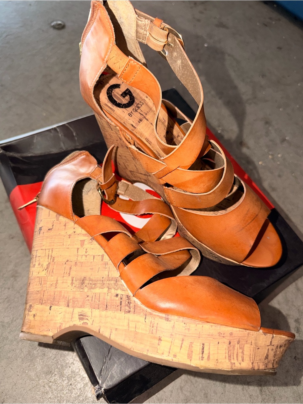 GUESS Tan Cork Wedge Strappy Sandals - Picture 2 of 5